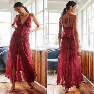 Anthropologie NWT Two Piece Set Burgundy Sheer Embroidered XXS